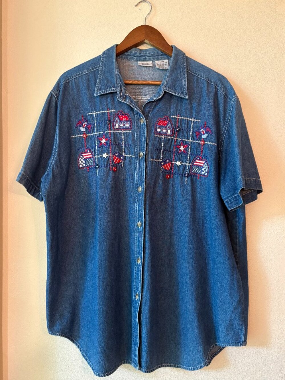 Vintage 90s Cabin Creek Denim Shirt 4th of July Embroidered Stars Eagles Size XL